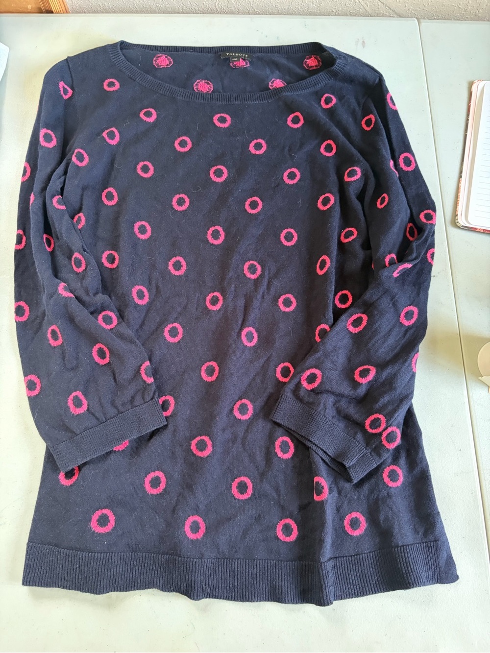 Talbots Navy Blue Pink Polka Dot Ring Knit Crewneck Sweater Size M Cotton Rayon